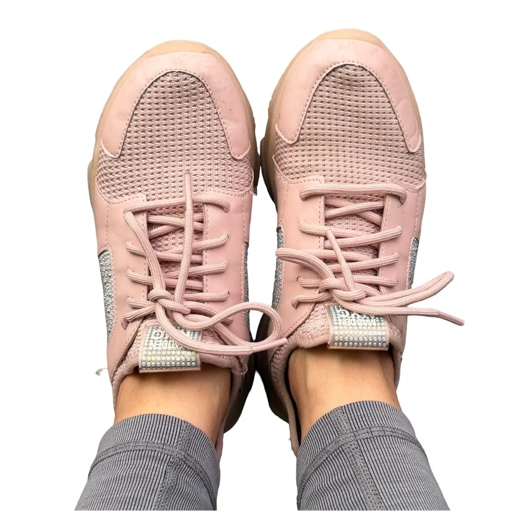 Steve Madden Trendy Pink Rhinestone Sneakers for Women Size 6